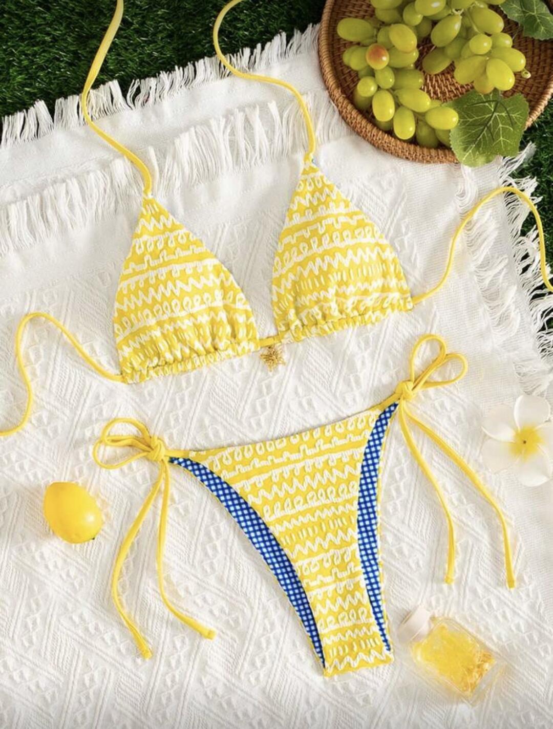 Lemon Gingham Triangle Bikini Set