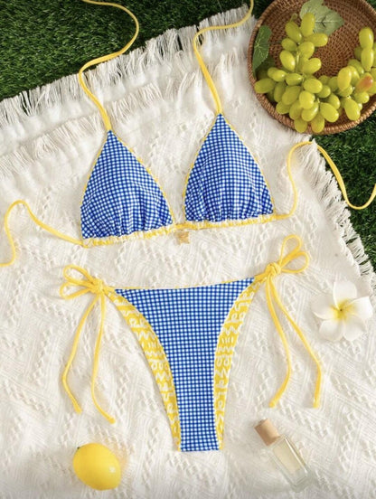 Lemon Gingham Triangle Bikini Set