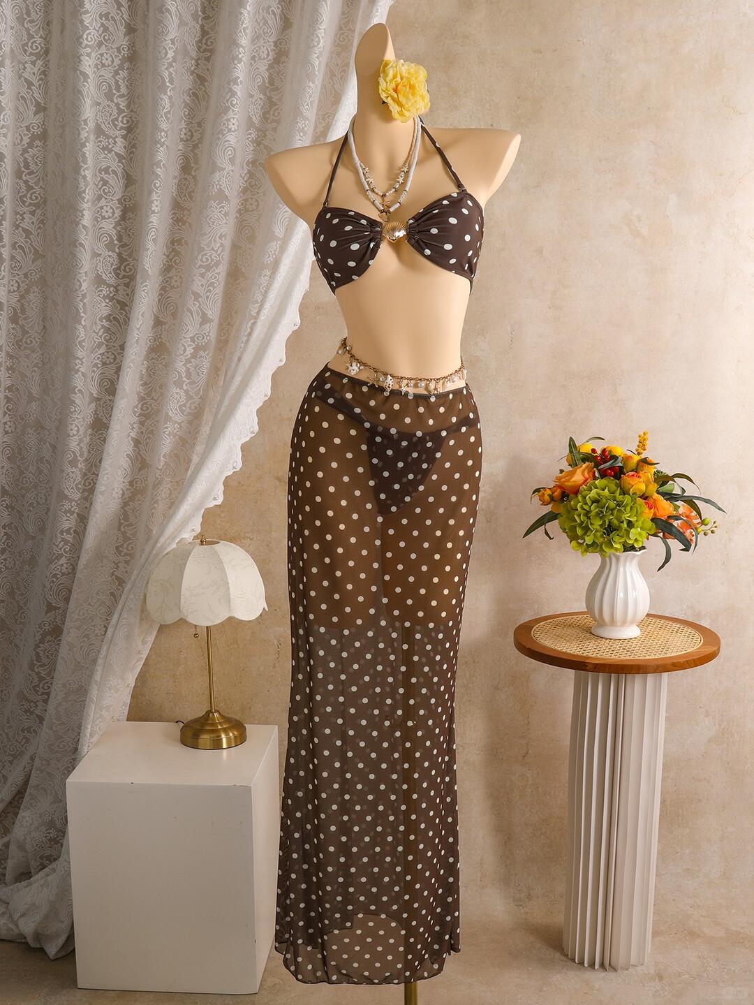 Chocolate/Black Polka Dot Bikini Set with Sarong