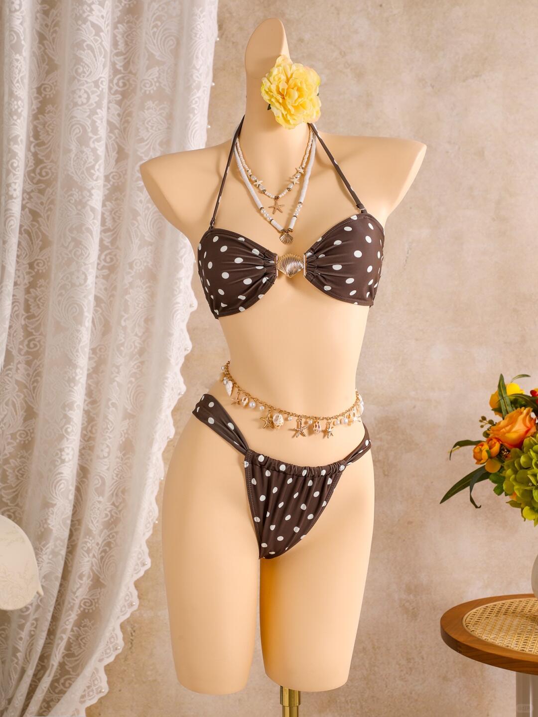 Chocolate/Black Polka Dot Bikini Set with Sarong