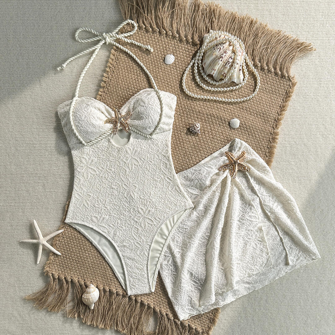 White Lace Starfish One Piece Swimsuit with Sarong