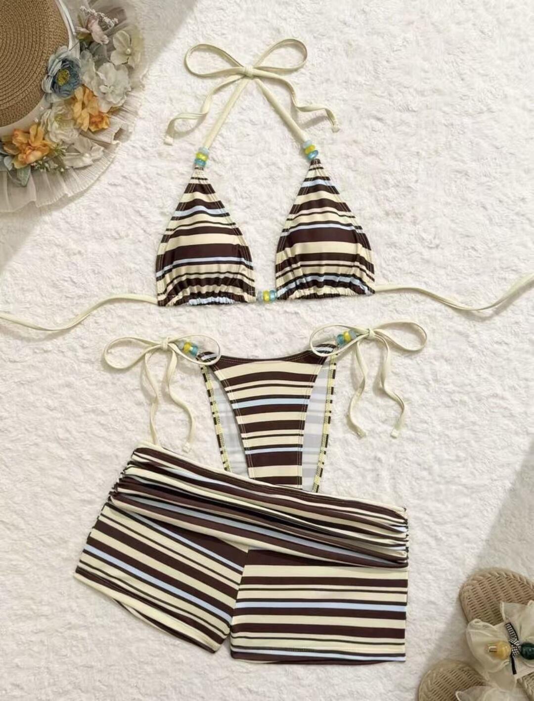Retro Stripe Beaded Bikini Set with Shorts
