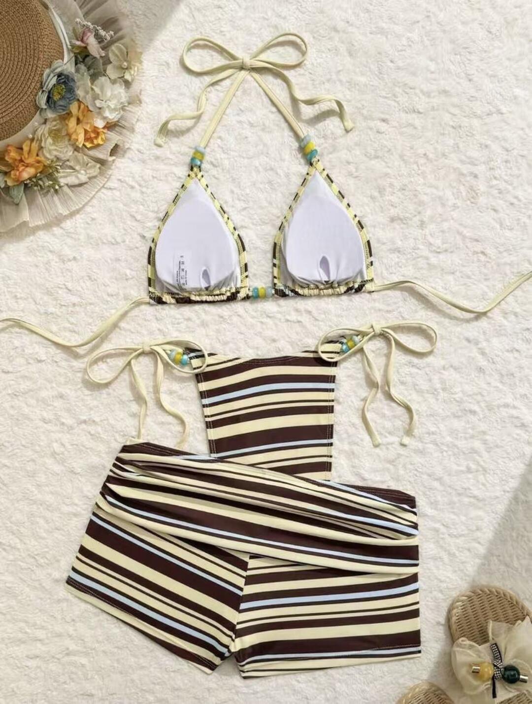 Retro Stripe Beaded Bikini Set with Shorts