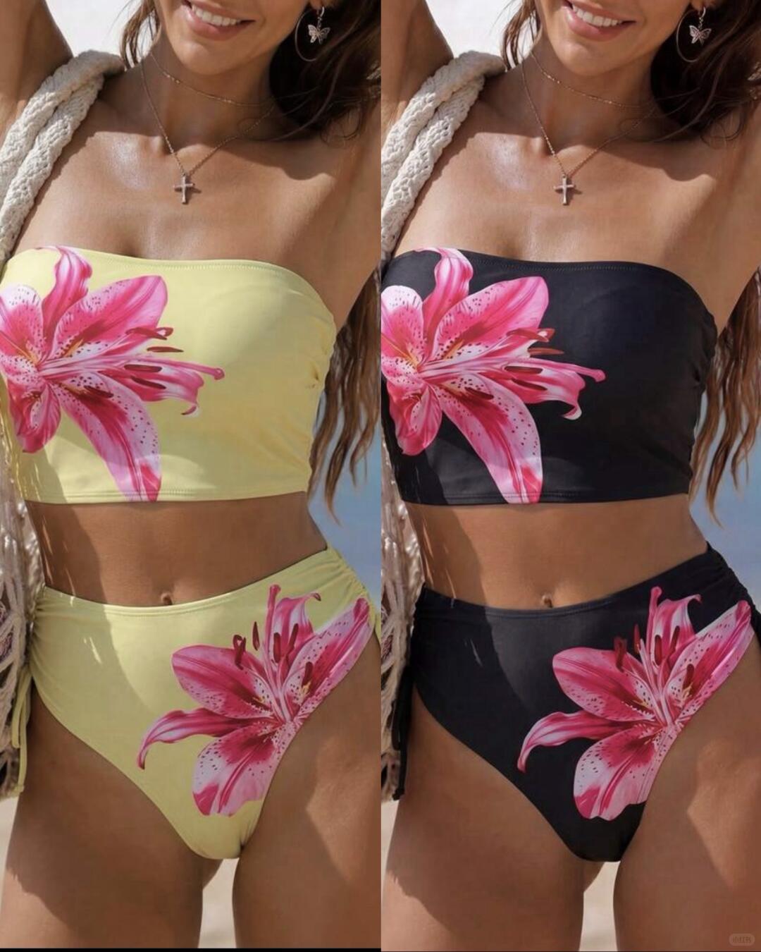 Tropical Lily Bandeau High Waist Bikini Set