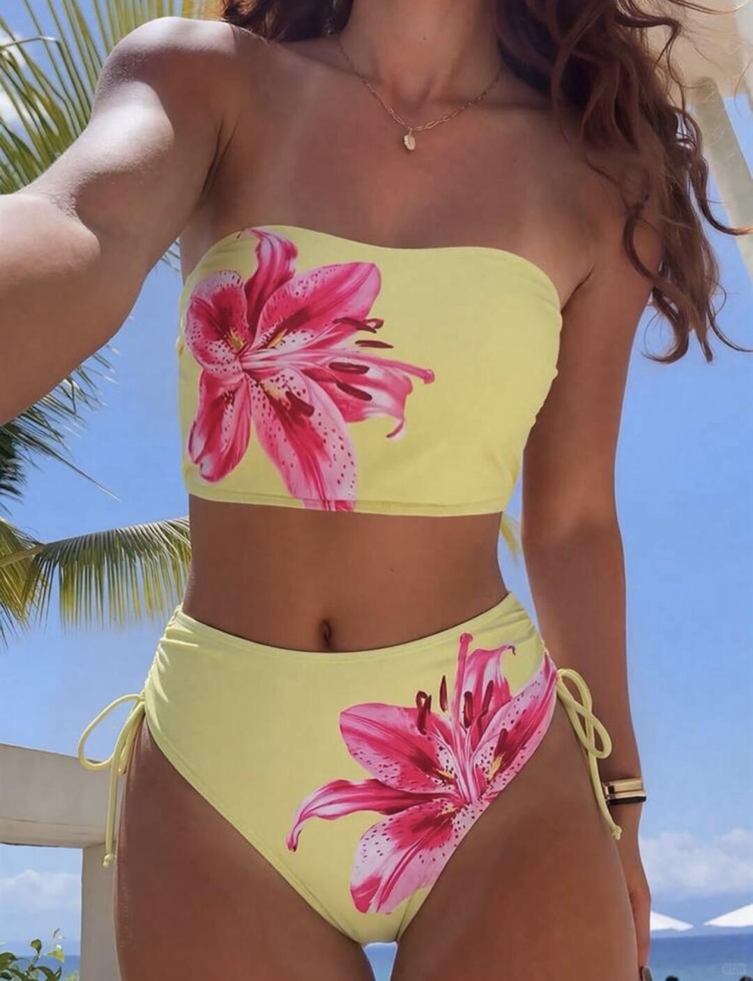 Tropical Lily Bandeau High Waist Bikini Set