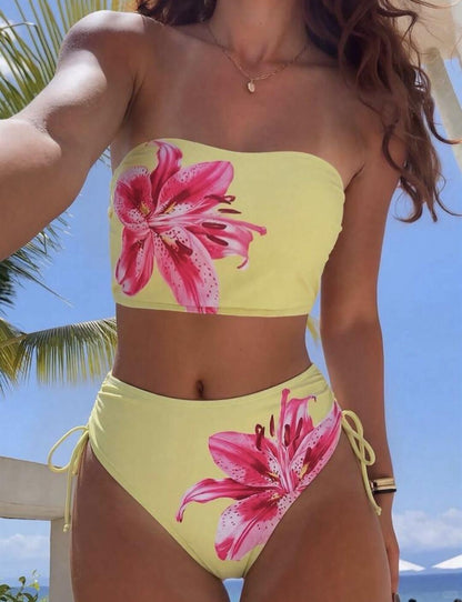 Tropical Lily Bandeau High Waist Bikini Set
