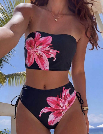 Tropical Lily Bandeau High Waist Bikini Set