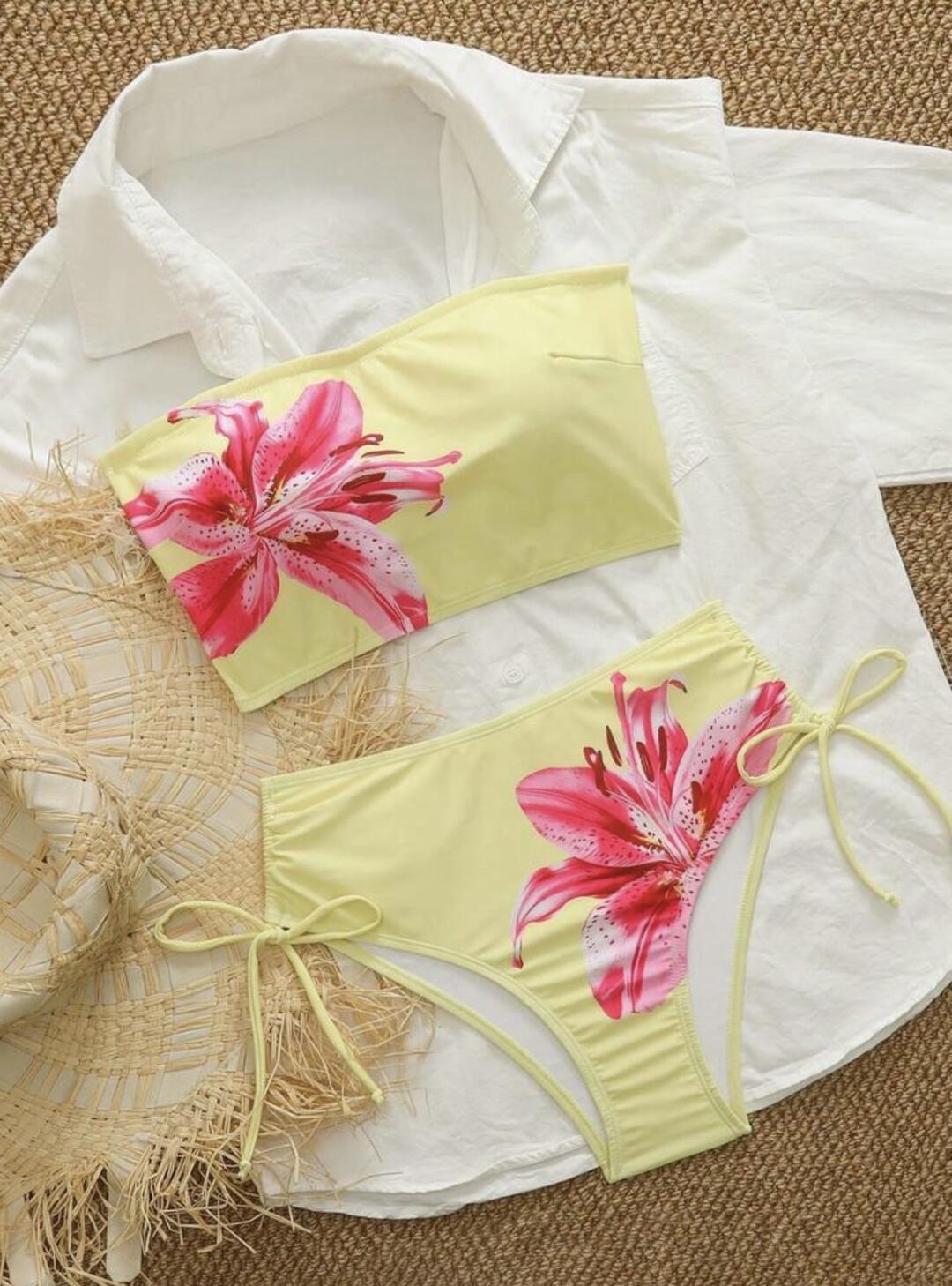 Tropical Lily Bandeau High Waist Bikini Set