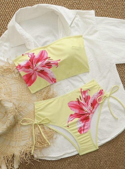 Tropical Lily Bandeau High Waist Bikini Set