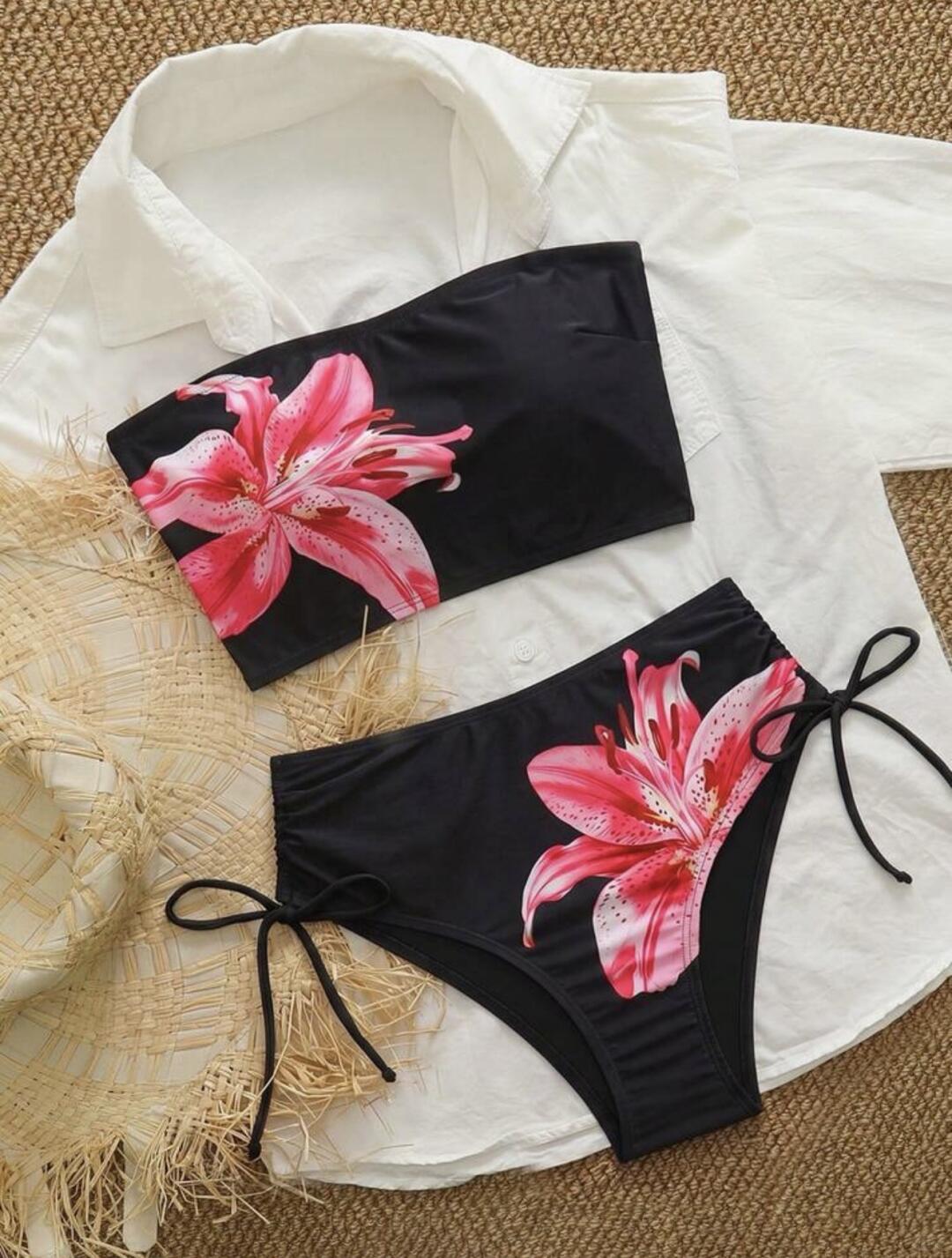 Tropical Lily Bandeau High Waist Bikini Set