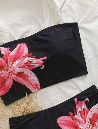 Tropical Lily Bandeau High Waist Bikini Set