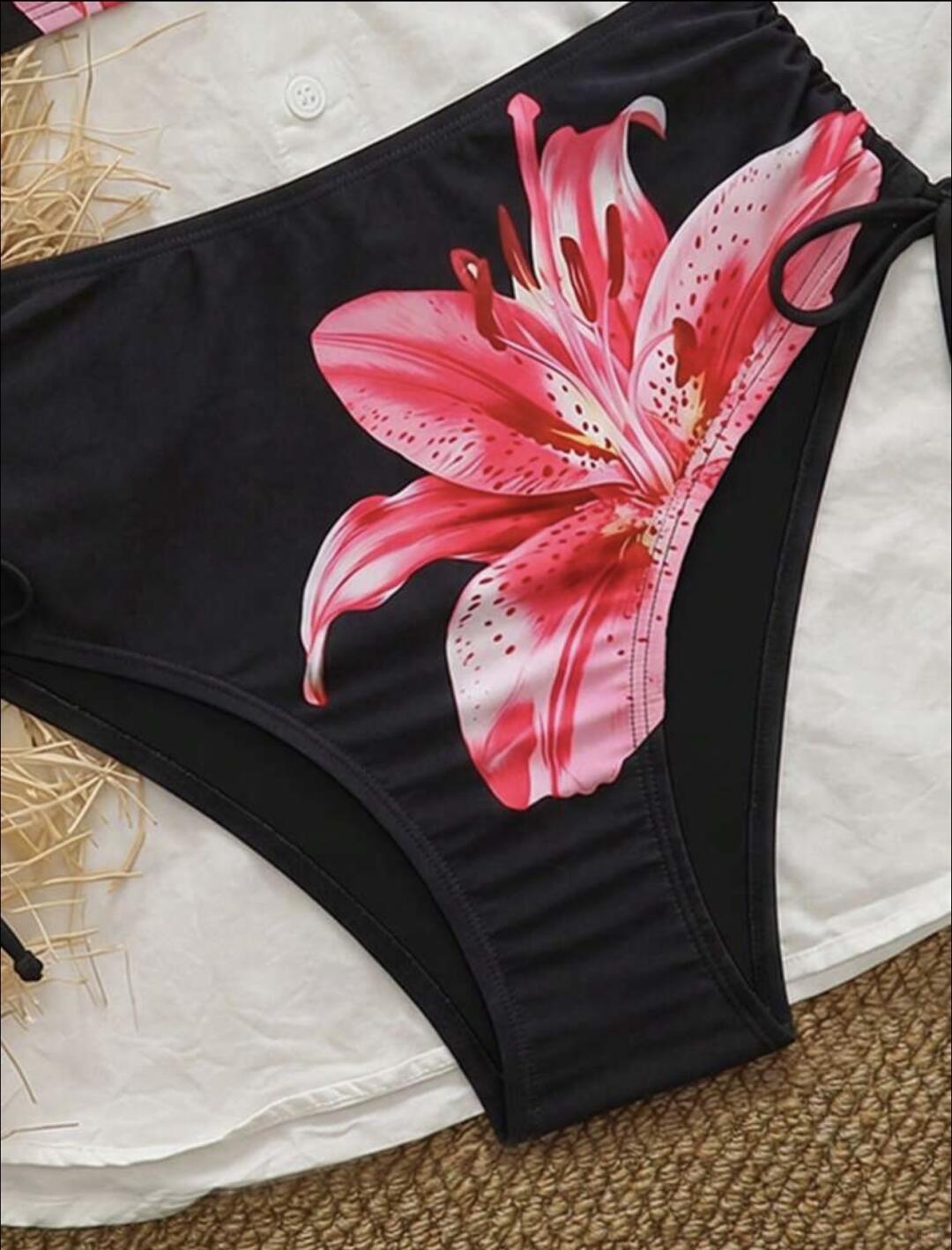 Tropical Lily Bandeau High Waist Bikini Set