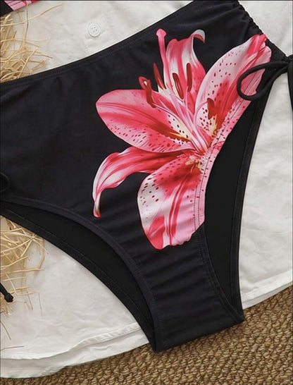 Tropical Lily Bandeau High Waist Bikini Set