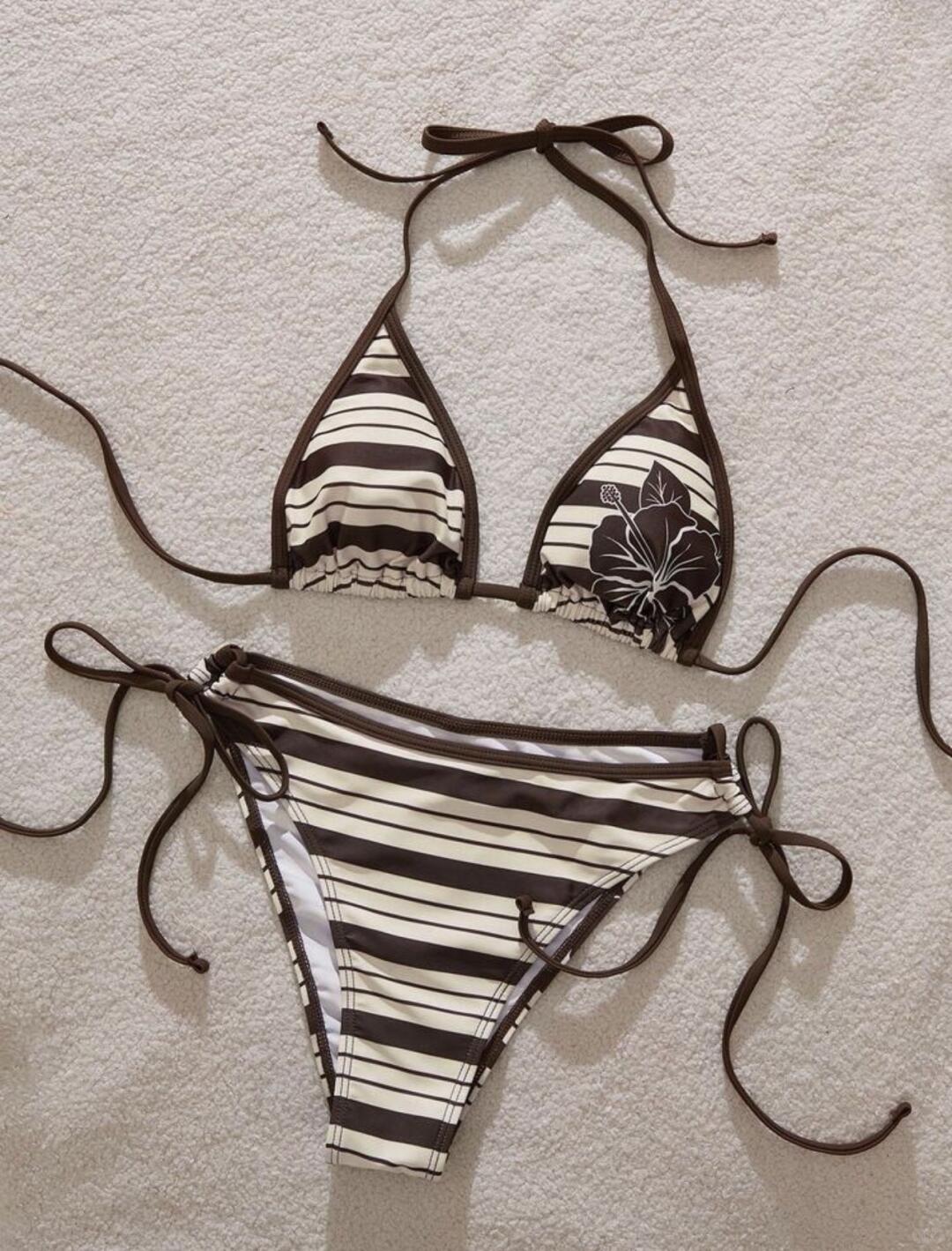 Chocolate Hibiscus Striped Triangle Bikini Set