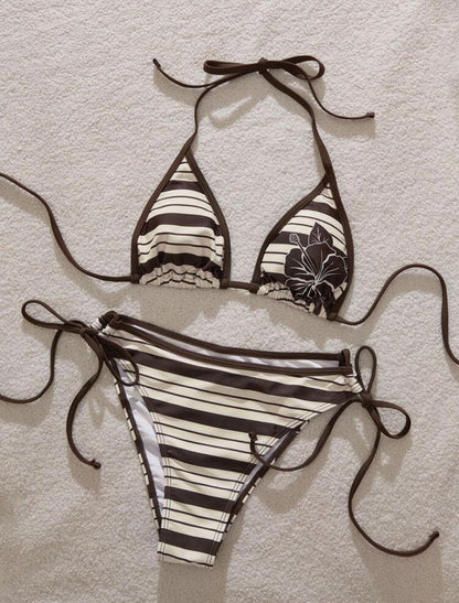 Chocolate Hibiscus Striped Triangle Bikini Set