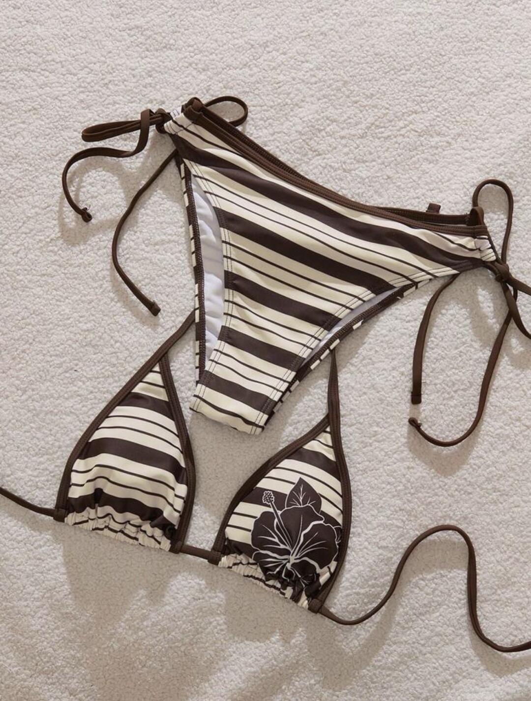 Chocolate Hibiscus Striped Triangle Bikini Set