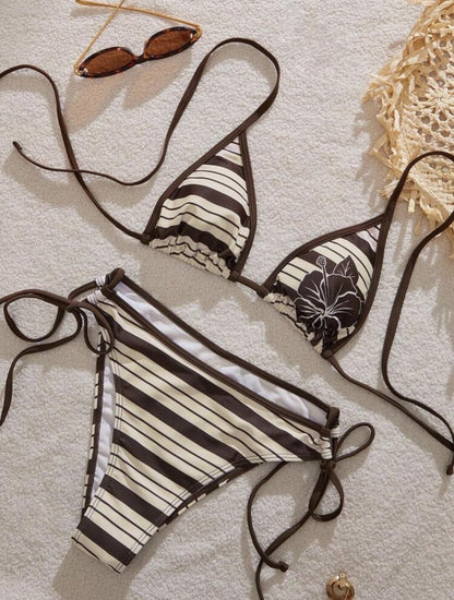 Chocolate Hibiscus Striped Triangle Bikini Set