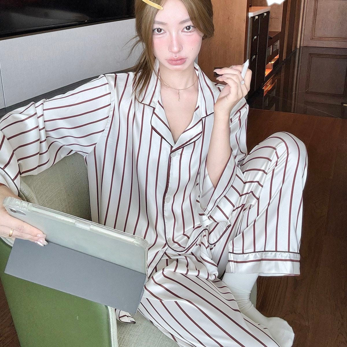 INNA Bordeaux Stripe Long Pajama Set