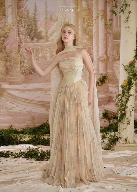 [品牌授权] Sissy Nation Yellow Amelia Corset Pleated Maxi Dress