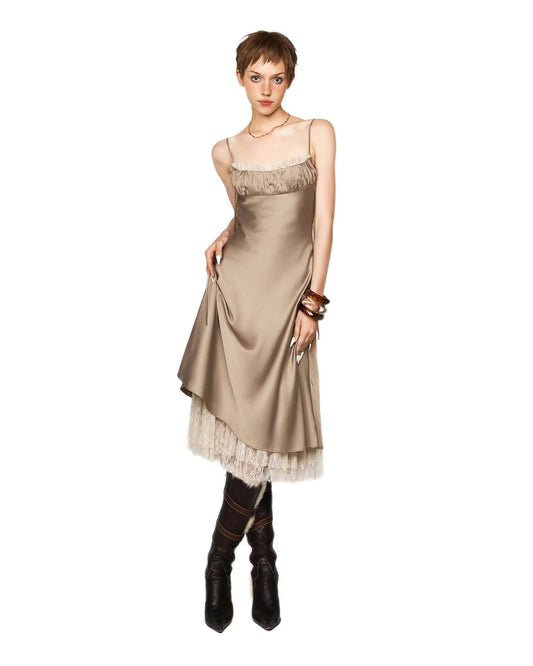 [品牌授权] LSOUL BROWN& NUDE SATIN ACETATE MIDI DRESS