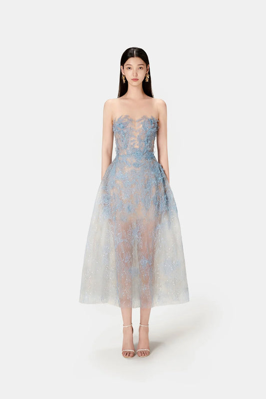 [品牌授权] MONTSAND Blue Beaded Lace Maxi Dress
