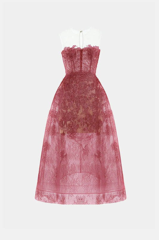 [品牌授权] MONTSAND Red Beaded Lace Maxi Dress
