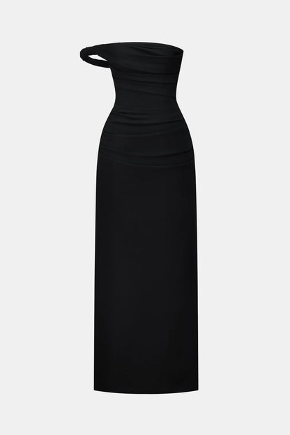 Montsand Black One-off Shoulder Draped Midi Dress