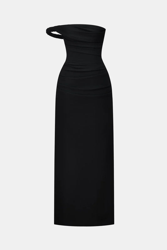 Montsand Black One-off Shoulder Draped Midi Dress
