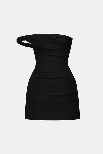 Montsand Black One-off Shoulder Draped Mini Dress