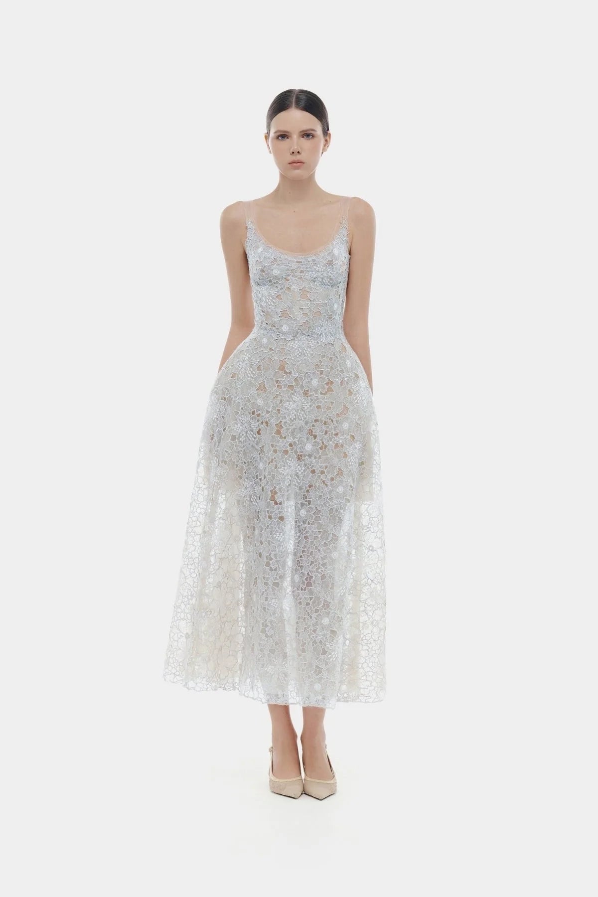 [品牌授权] MONTSAND Blue Flower Lace Midi Dress