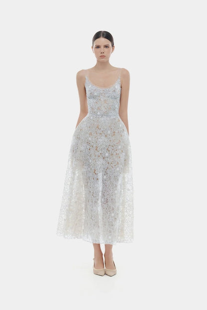 [品牌授权] MONTSAND Blue Flower Lace Midi Dress
