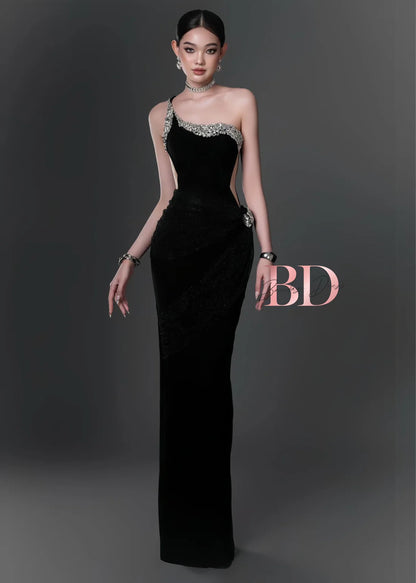 Bandage Dress [Best Seller] Black One-shoulder Diamonds Dress