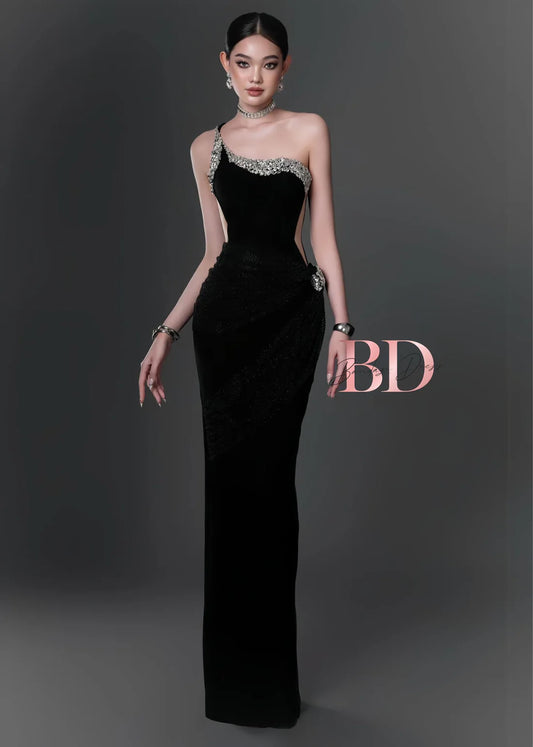 Bandage Dress [Best Seller] Black One-shoulder Diamonds Dress