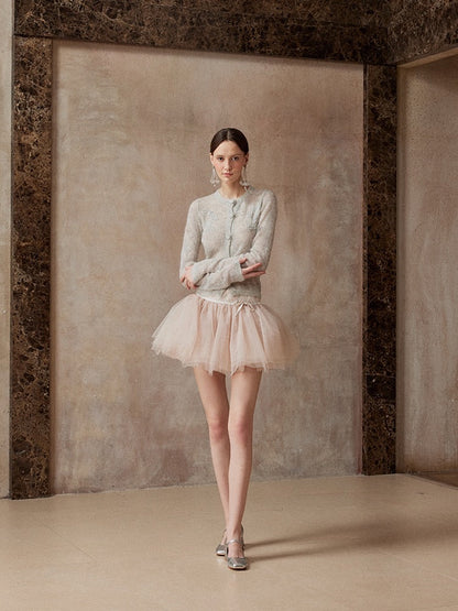 Fa sogno Grey Jacket & Pink Mini Skirt & White Scarf