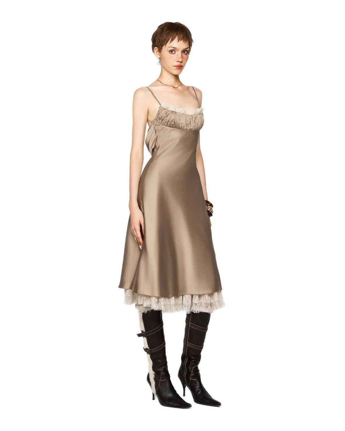 [品牌授权] LSOUL BROWN& NUDE SATIN ACETATE MIDI DRESS
