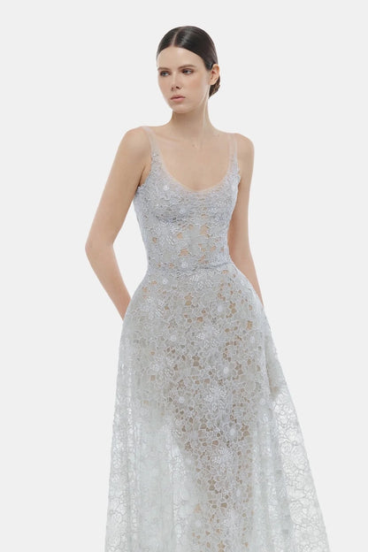 [品牌授权] MONTSAND Blue Flower Lace Midi Dress