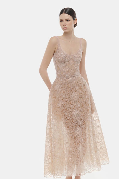 [品牌授权] MONTSAND Flower Lace Midi Dress - Nude