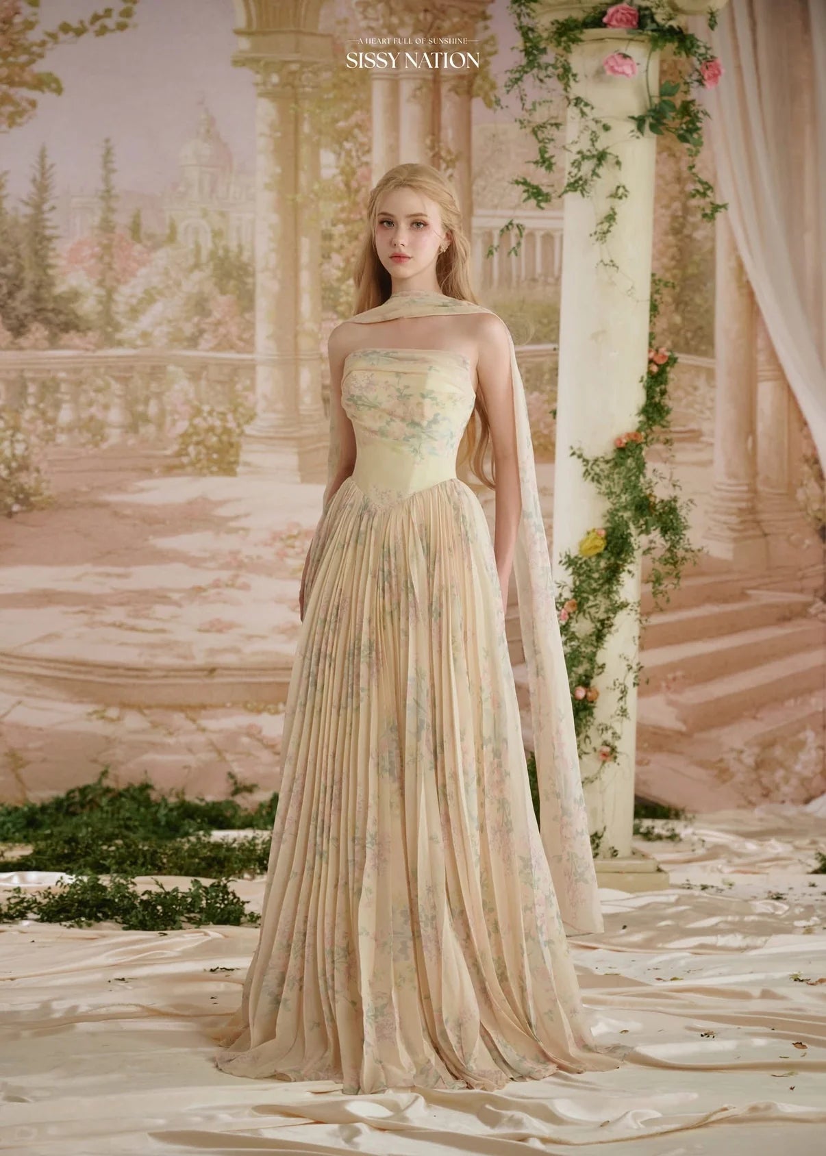 [品牌授权] Sissy Nation Yellow Amelia Corset Pleated Maxi Dress
