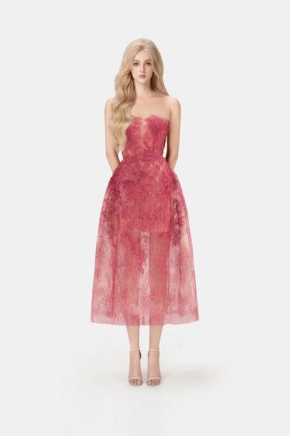 [品牌授权] MONTSAND Red Beaded Lace Maxi Dress