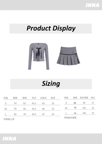 "Charcoal Chic Duo: Tie-Front Cardigan and Pleated Mini Skirt"