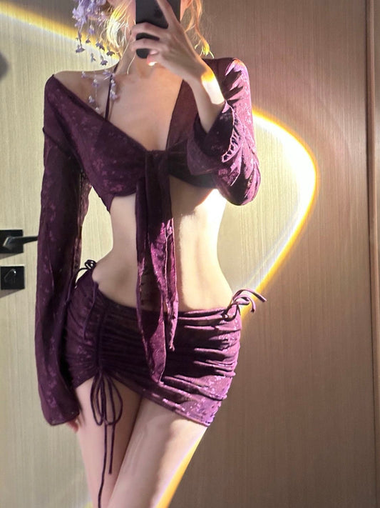 Bordeaux Lace 3-Piece Bikini Set with Sheer Tie Cover & Ruched Skirt