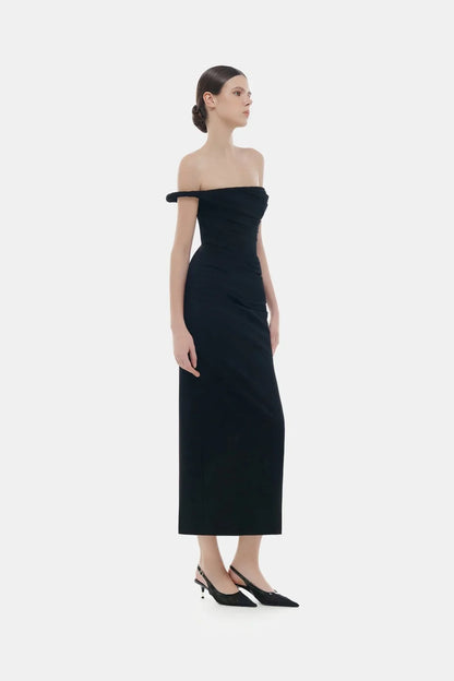 Montsand Black One-off Shoulder Draped Midi Dress