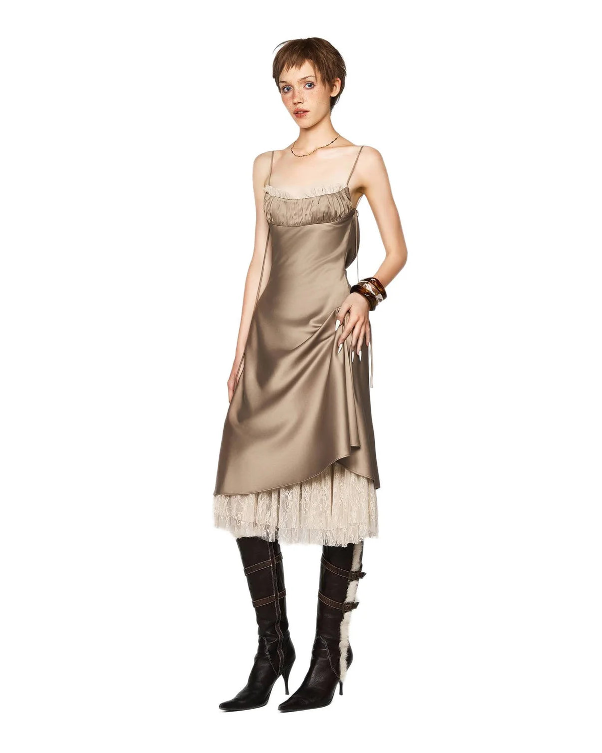 [品牌授权] LSOUL BROWN& NUDE SATIN ACETATE MIDI DRESS