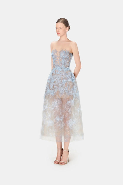 [品牌授权] MONTSAND Blue Beaded Lace Maxi Dress