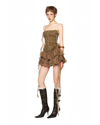 [品牌授权] LSOUL BROWN LEAVEY FRINGE MINI DRESS