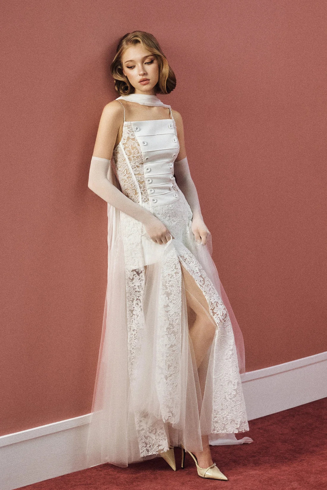 CICI MARIEL Scarf-Neck Lace Maxi Dress