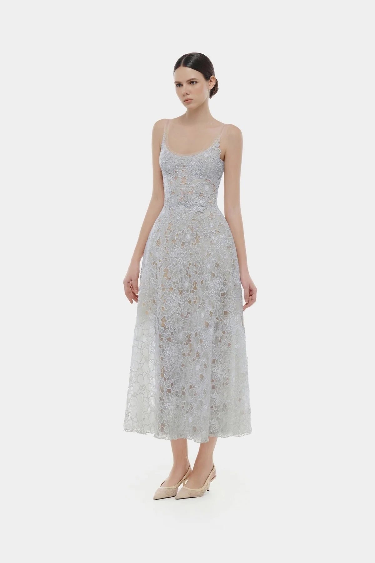 [品牌授权] MONTSAND Blue Flower Lace Midi Dress