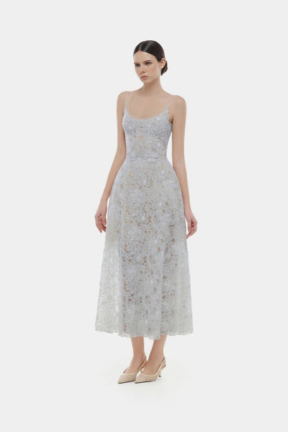 [品牌授权] MONTSAND Blue Flower Lace Midi Dress