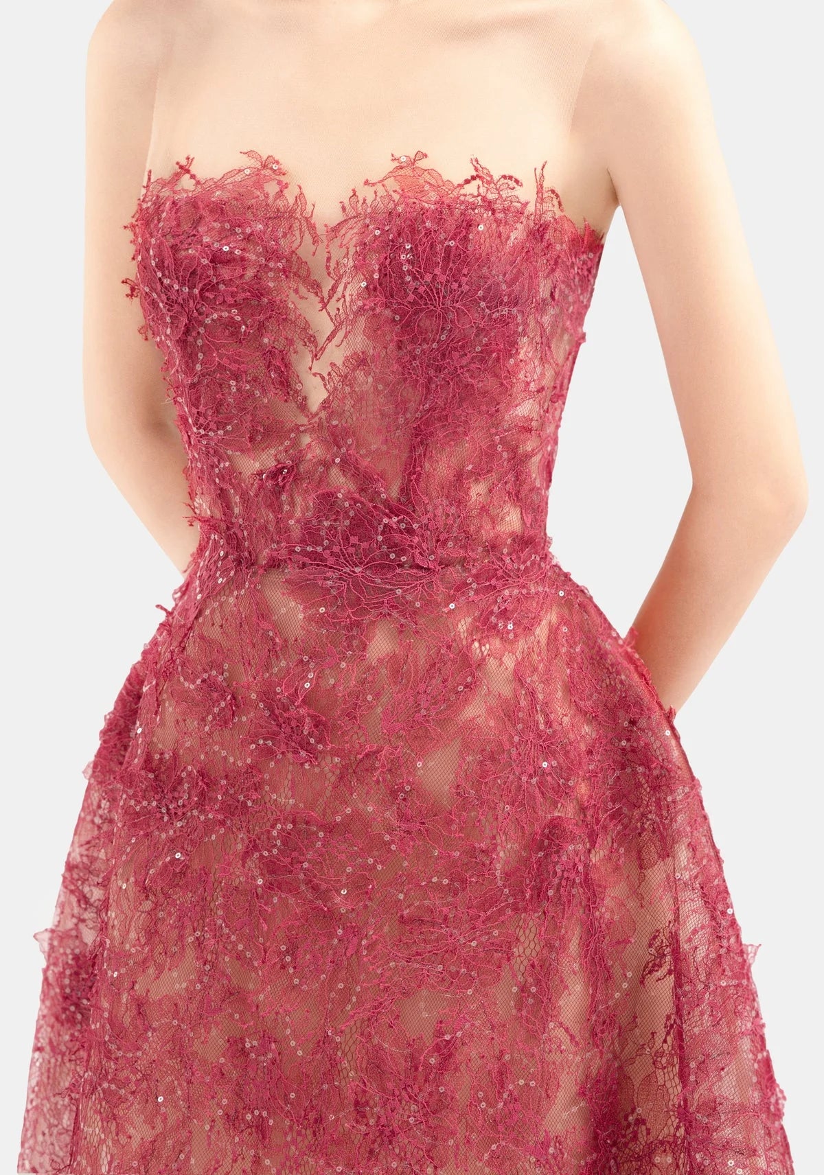 [品牌授权] MONTSAND Red Beaded Lace Maxi Dress