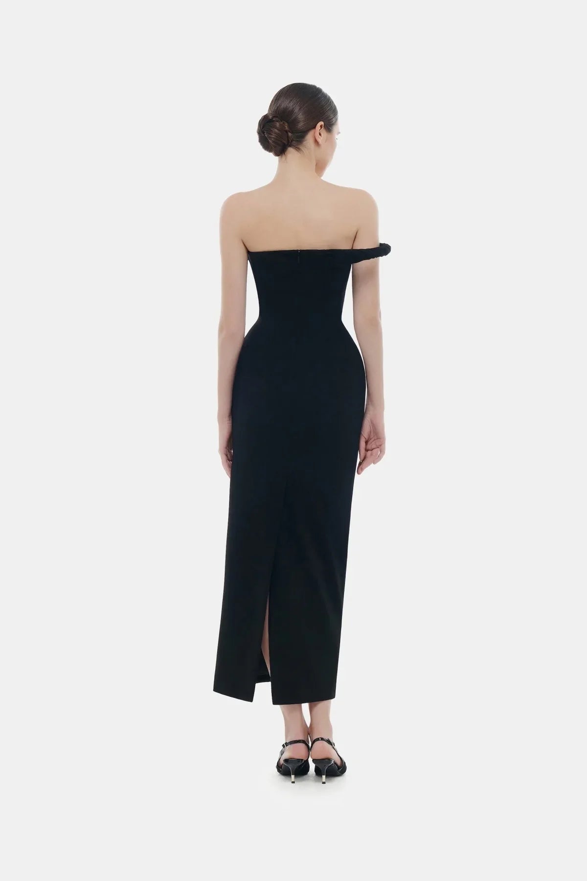 Montsand Black One-off Shoulder Draped Midi Dress